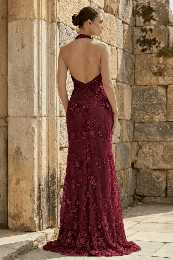 Sage Sheath Halter Sequined Long Prom Dresses With Floral Appliques – Prom Dress by KissProm | Available at KissProm