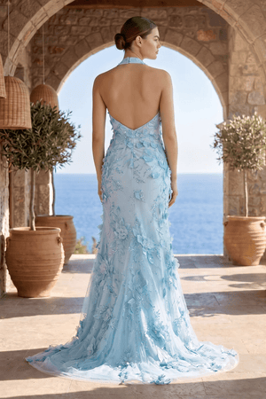 Sage Halter Sequined Sheath Long Prom Dresses With Floral Appliques - KissProm