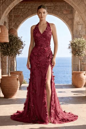 Sage Halter Sequined Sheath Long Prom Dresses With Floral Appliques - KissProm