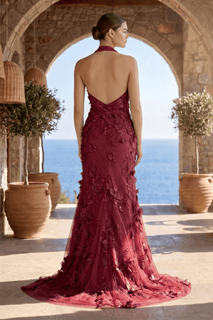 Sage Halter Sequined Sheath Long Prom Dresses With Floral Appliques - KissProm