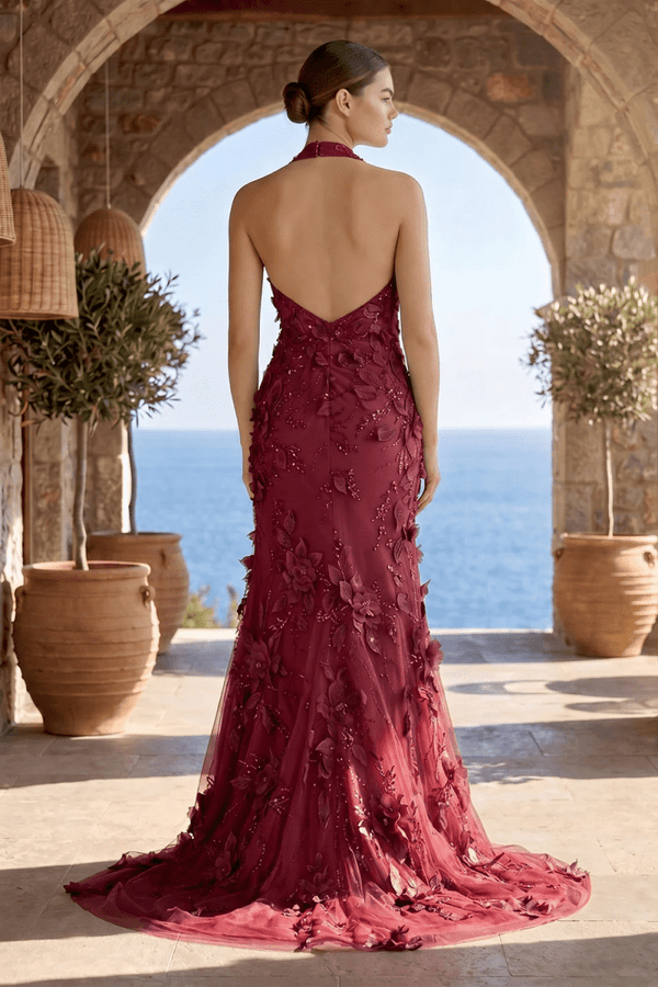 Sage Halter Sequined Sheath Long Prom Dresses With Floral Appliques - KissProm