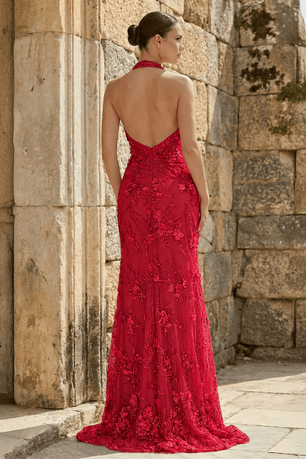 Sage Sheath Halter Sequined Long Prom Dresses With Floral Appliques – Prom Dress by KissProm | Available at KissProm