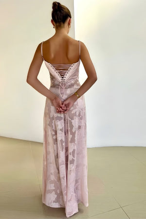 Pink Sheath Satin Floral Spaghetti Straps Long Prom Dresses – Prom Dresses by KissProm | Available at KissProm