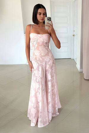 Pink Sheath Satin Floral Spaghetti Straps Long Prom Dresses – Prom Dresses by KissProm | Available at KissProm