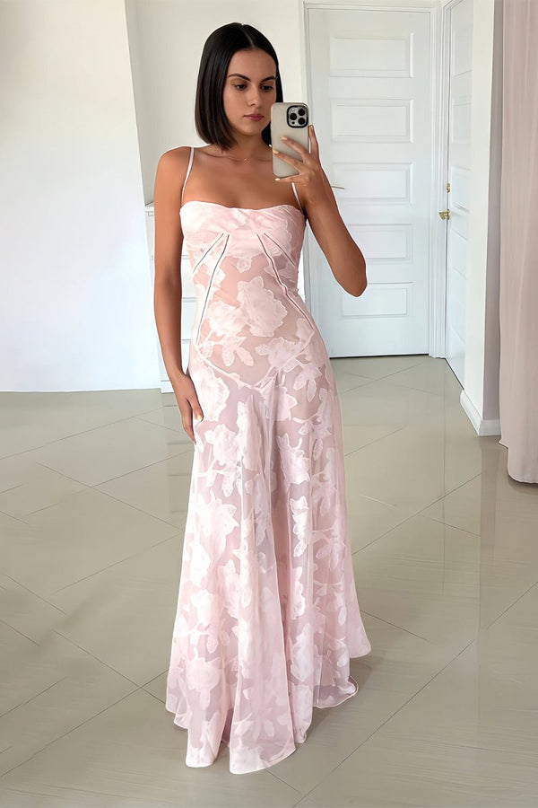 Pink Sheath Satin Floral Spaghetti Straps Long Prom Dresses – Prom Dresses by KissProm | Available at KissProm