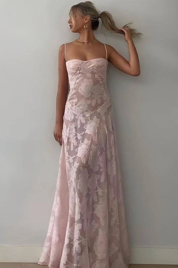Pink Sheath Satin Floral Spaghetti Straps Long Prom Dresses – Prom Dresses by KissProm | Available at KissProm