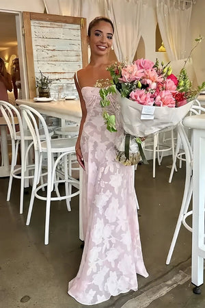 Pink Sheath Satin Floral Spaghetti Straps Long Prom Dresses – Prom Dresses by KissProm | Available at KissProm
