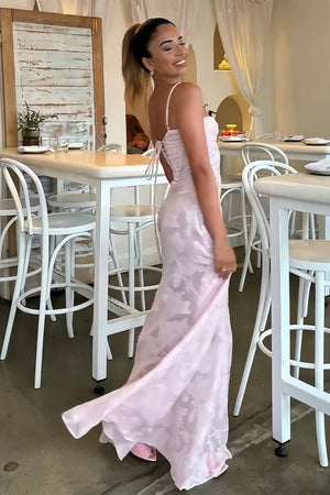 Pink Sheath Satin Floral Spaghetti Straps Long Prom Dresses – Prom Dresses by KissProm | Available at KissProm
