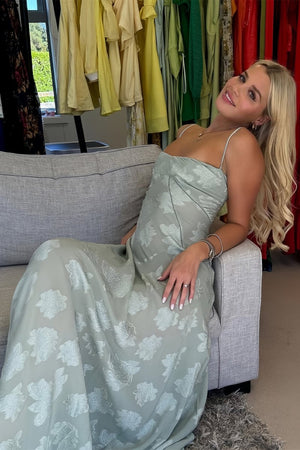 Pink Sheath Satin Floral Spaghetti Straps Long Prom Dresses – Prom Dresses by KissProm | Available at KissProm