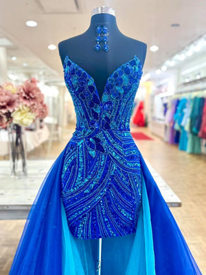Royal Blue - Sheath V Neck Sequined Mini Party Dresses with Train – Homecoming Dresses by KissProm | Available at KissProm