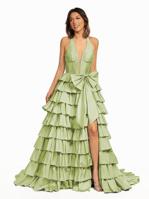 Iridium | Halter A-Line Blue Satin Long Ruffled Prom Dress With Slit