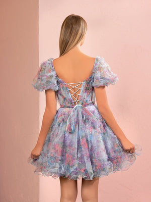 Ivana | Sky Blue A Line Off the Shoulder Printed Homecoming Dress
