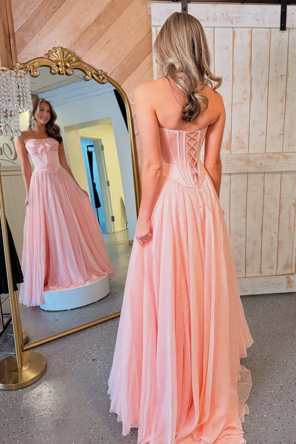 Ivelisse | Blue - A Line Strapless Pleated Chiffon Long Prom Dress with Bow - KissProm