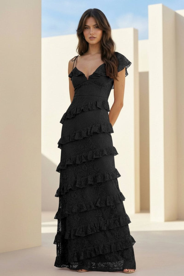 Iverie | Black Sheath V Neck Lace Long Prom Dresses With Ruffles - KissProm