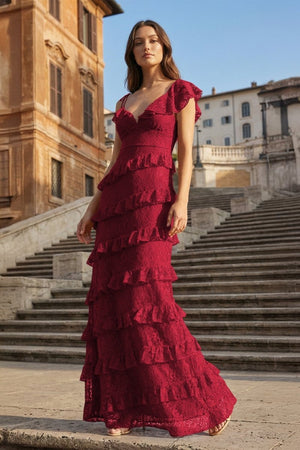 Red Sheath V Neck Lace Long Prom Dresses With Ruffles - KissProm