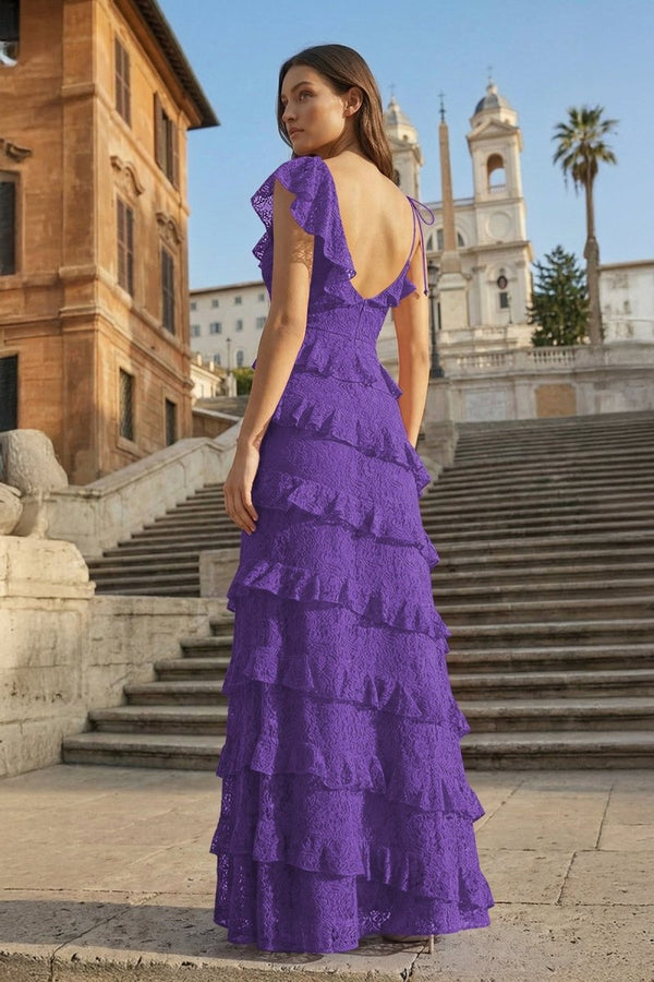 Red Sheath V Neck Lace Long Prom Dresses With Ruffles - KissProm