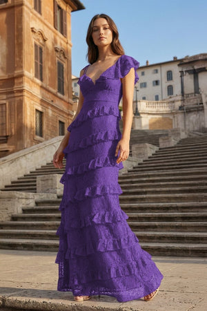 Red Sheath V Neck Lace Long Prom Dresses With Ruffles - KissProm