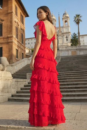 Red Sheath V Neck Lace Long Prom Dresses With Ruffles - KissProm