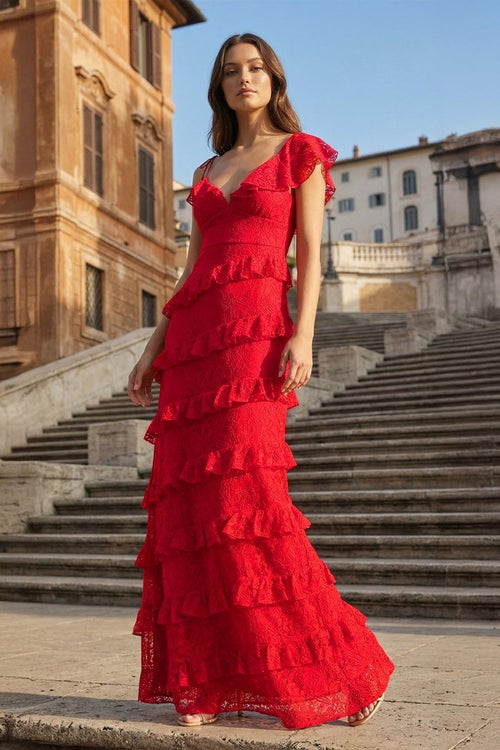 Red Sheath V Neck Lace Long Prom Dresses With Ruffles - KissProm