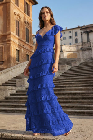 Red Sheath V Neck Lace Long Prom Dresses With Ruffles - KissProm