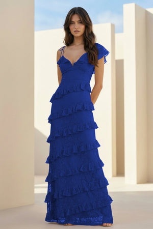 Iverie | Royal Blue Sheath V Neck Lace Long Prom Dresses With Ruffles - KissProm