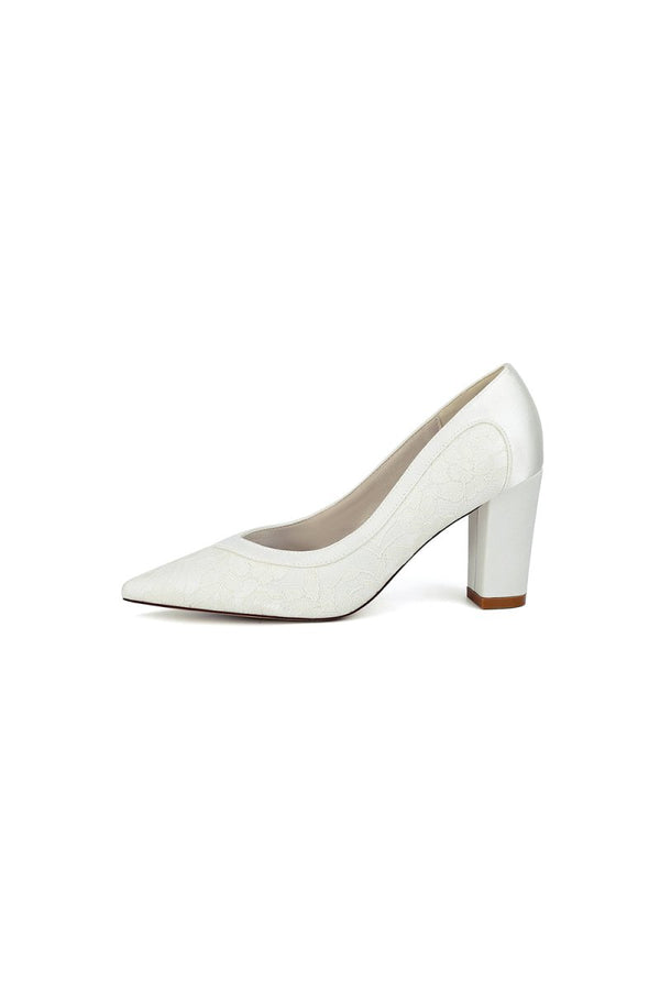 Ivory Lace High Heels with Wooden Heel - KissProm