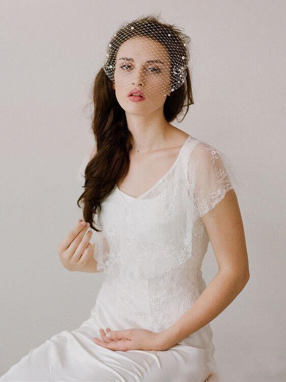 Ivory Mesh Birdcage Veils with Tiny Beads - KissProm