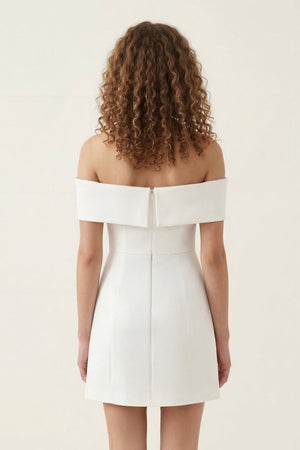 Ivory Off - the - Shoulder Satin Sheath Graduation Dress - KissProm