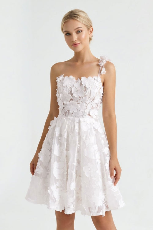 Ivory One - Shoulder Lace A - Line Graduation Dress With 3D Flower - KissProm