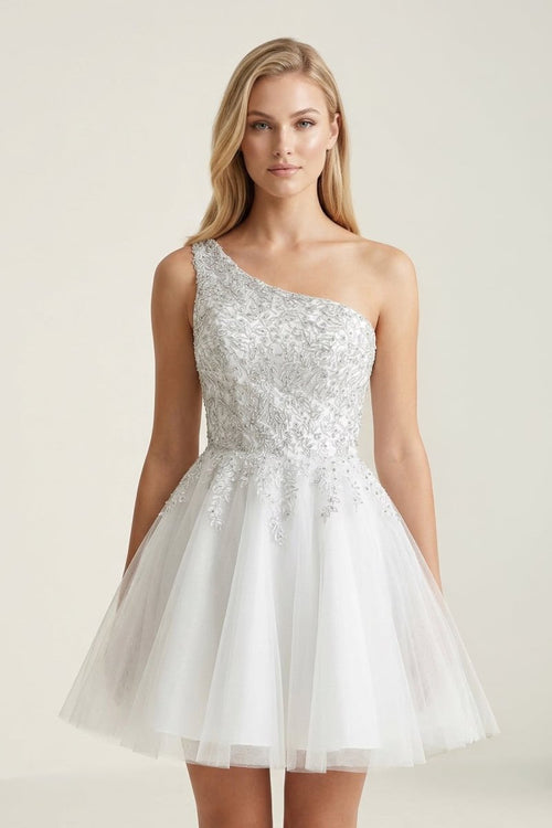 Ivory One-Shoulder Lace Appliqued Tulle Graduation Dress – Graduation Dresses by KissProm | Available at KissProm
