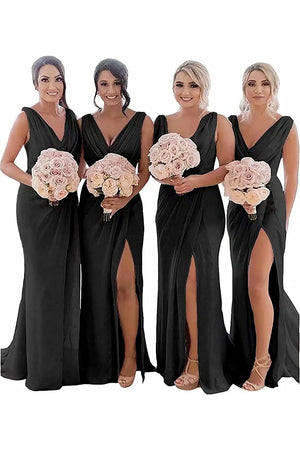 Kerli | Ivory Sheath Chiffon Ruched Long Bridesmaid Dress with Slit