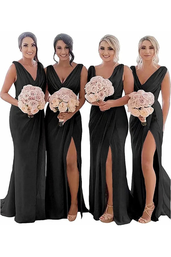 Kerli | Ivory Sheath Chiffon Ruched Long Bridesmaid Dress with Slit