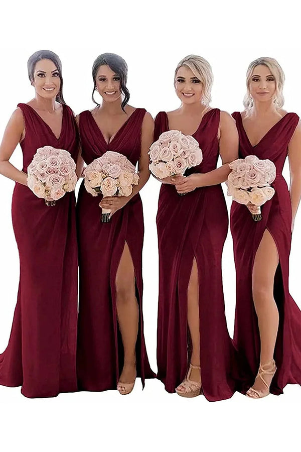 Kerli | Ivory Sheath Chiffon Ruched Long Bridesmaid Dress with Slit