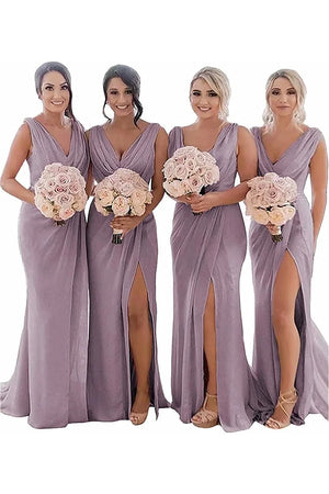 Kerli | Ivory Sheath Chiffon Ruched Long Bridesmaid Dress with Slit