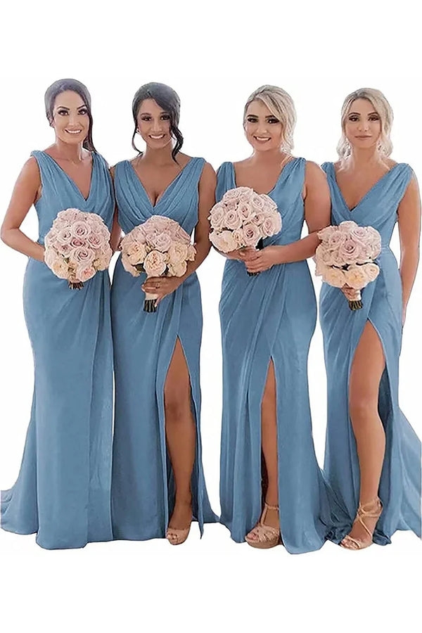Kerli | Ivory Sheath Chiffon Ruched Long Bridesmaid Dress with Slit