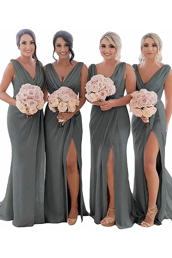 Kerli | Ivory Sheath Chiffon Ruched Long Bridesmaid Dress with Slit