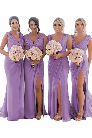 Kerli | Ivory Sheath Chiffon Ruched Long Bridesmaid Dress with Slit