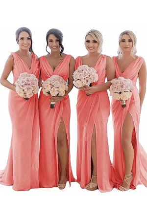 Kerli | Ivory Sheath Chiffon Ruched Long Bridesmaid Dress with Slit