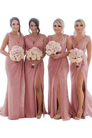 Kerli | Ivory Sheath Chiffon Ruched Long Bridesmaid Dress with Slit