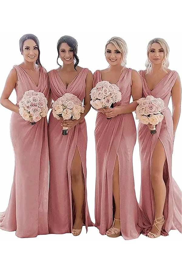 Kerli | Ivory Sheath Chiffon Ruched Long Bridesmaid Dress with Slit