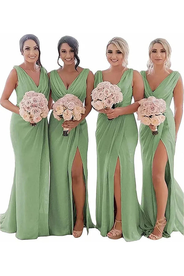 Kerli | Ivory Sheath Chiffon Ruched Long Bridesmaid Dress with Slit