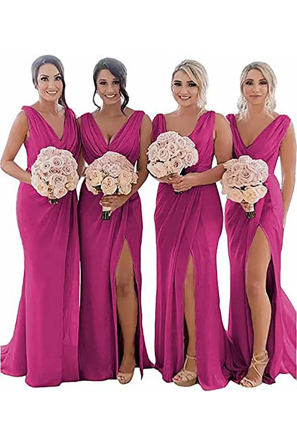 Kerli | Ivory Sheath Chiffon Ruched Long Bridesmaid Dress with Slit