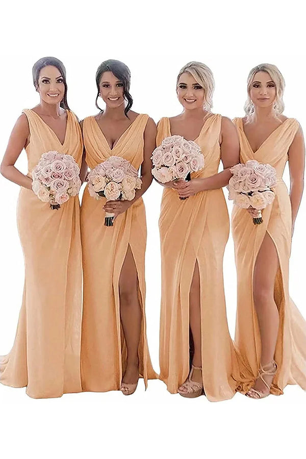 Kerli | Ivory Sheath Chiffon Ruched Long Bridesmaid Dress with Slit