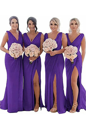 Kerli | Ivory Sheath Chiffon Ruched Long Bridesmaid Dress with Slit