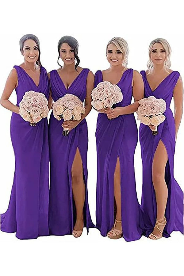 Kerli | Ivory Sheath Chiffon Ruched Long Bridesmaid Dress with Slit