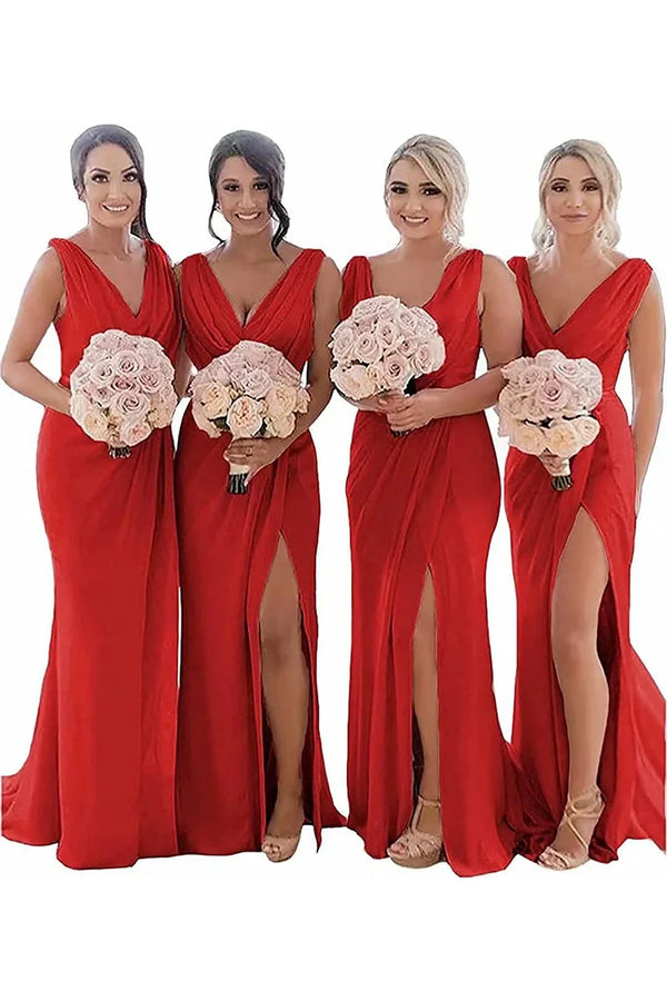Kerli | Ivory Sheath Chiffon Ruched Long Bridesmaid Dress with Slit