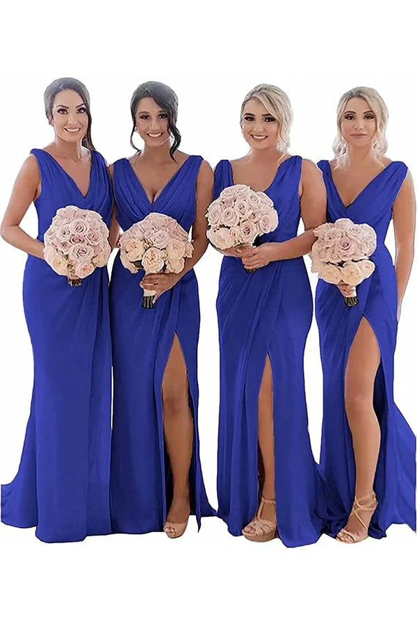 Kerli | Ivory Sheath Chiffon Ruched Long Bridesmaid Dress with Slit