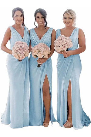 Kerli | Ivory Sheath Chiffon Ruched Long Bridesmaid Dress with Slit
