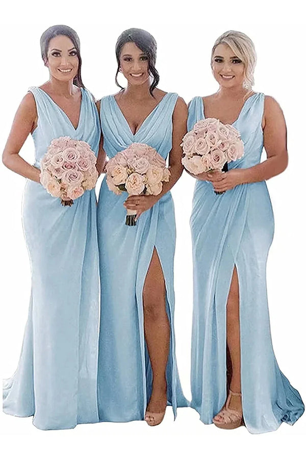 Kerli | Ivory Sheath Chiffon Ruched Long Bridesmaid Dress with Slit