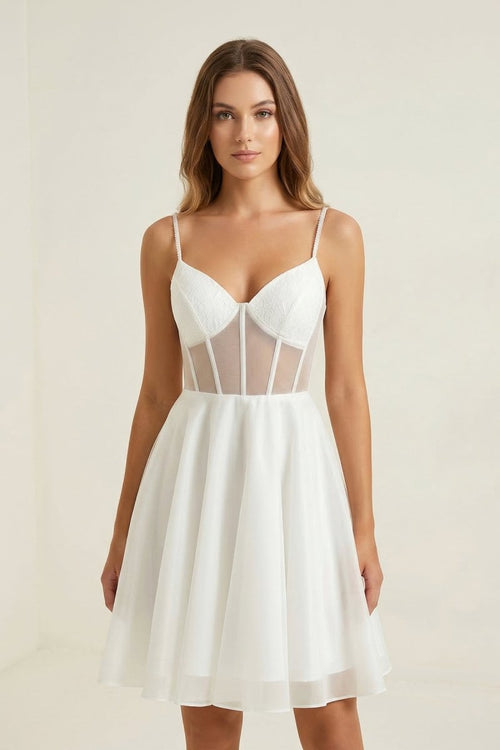 Ivory Spaghetti Strap Tulle A-Line Corset Graduation Dress – Graduation Dresses by KissProm | Available at KissProm
